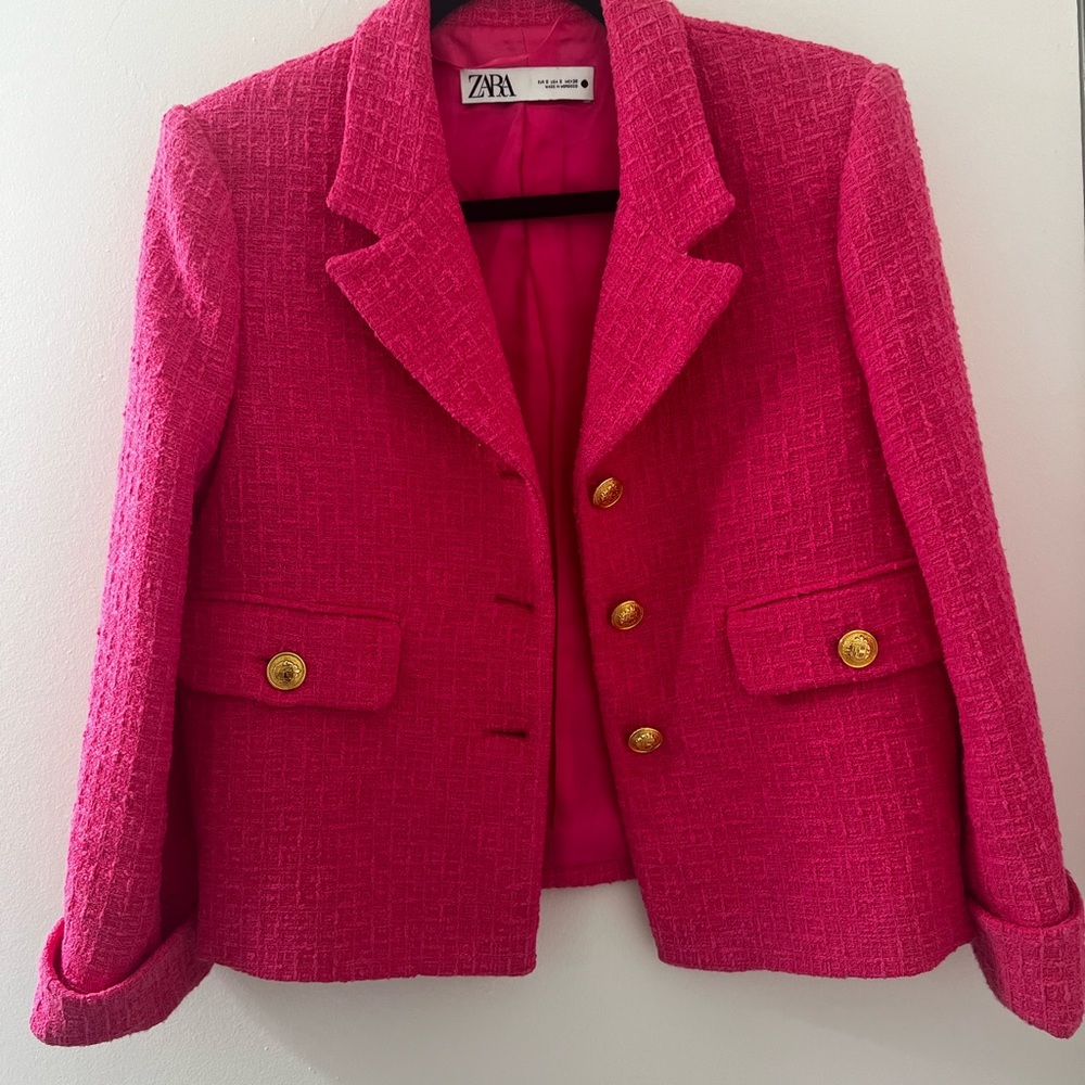 Zara Hot Pink Cropped Tweed Blazer